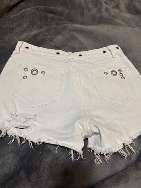 White Distressed Women's Denim Shorts with Grommet Detail